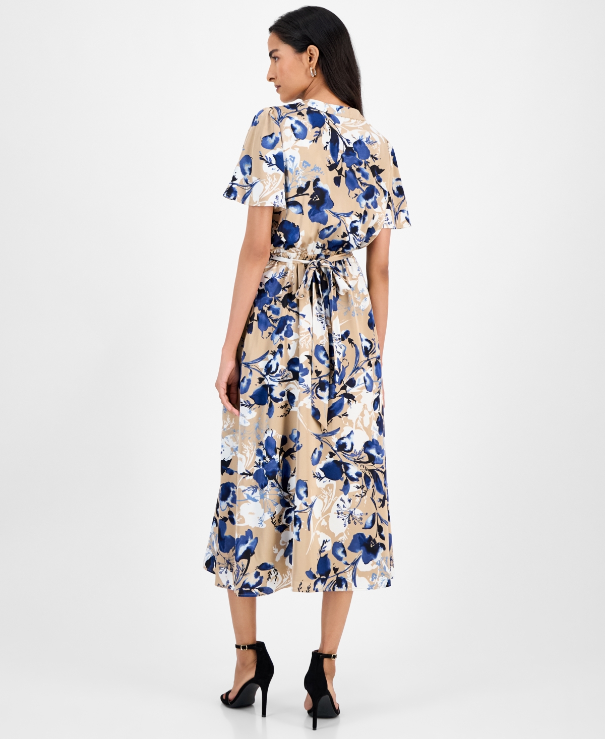 Kasper Floral-print Tie-waist Midi Dress, Regular & Petite In Neutral
