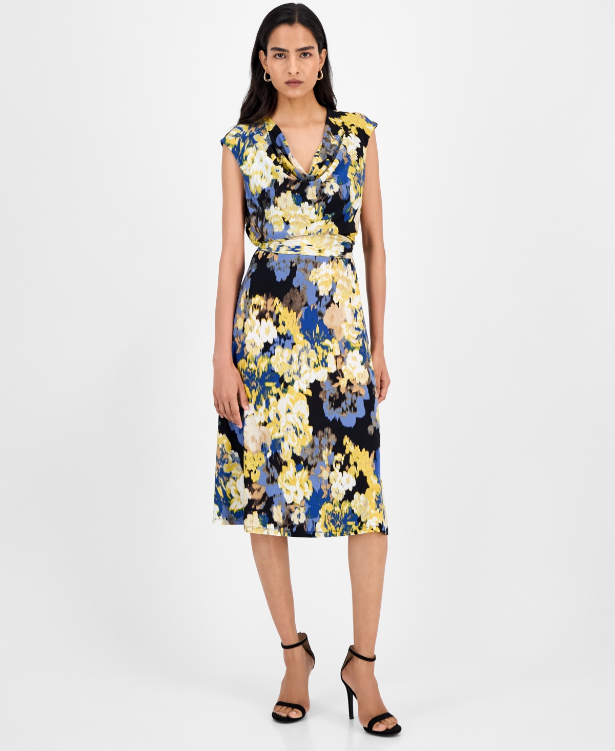 Kasper Women's Printed Cowlneck Tie-waist Midi Dress In Blue