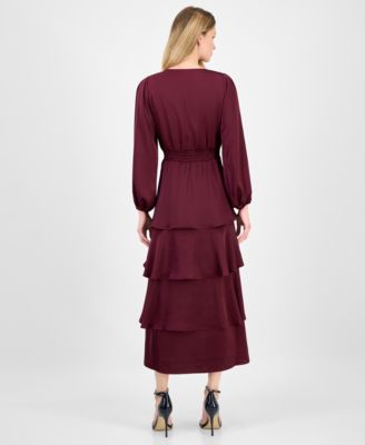 Women's Satin Surplice-Neck Tiered Midi Dress