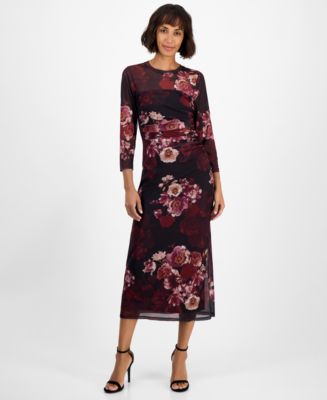 Anne Klein Women's Printed Triple Mesh Side Ruched Midi Dress - Macy's