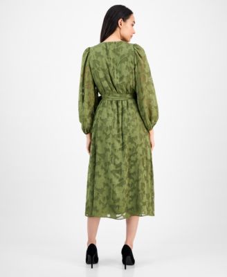 Women's Jacquard V-Neck 3/4-Sleeve Midi Dress