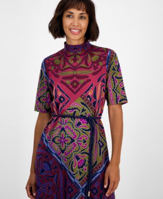 Petite Mock Neck Printed Midi Dress