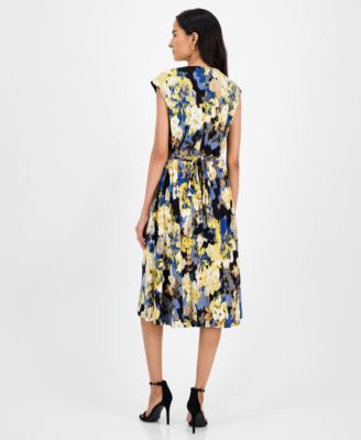 Women's Printed Cowlneck Tie-Waist Midi Dress