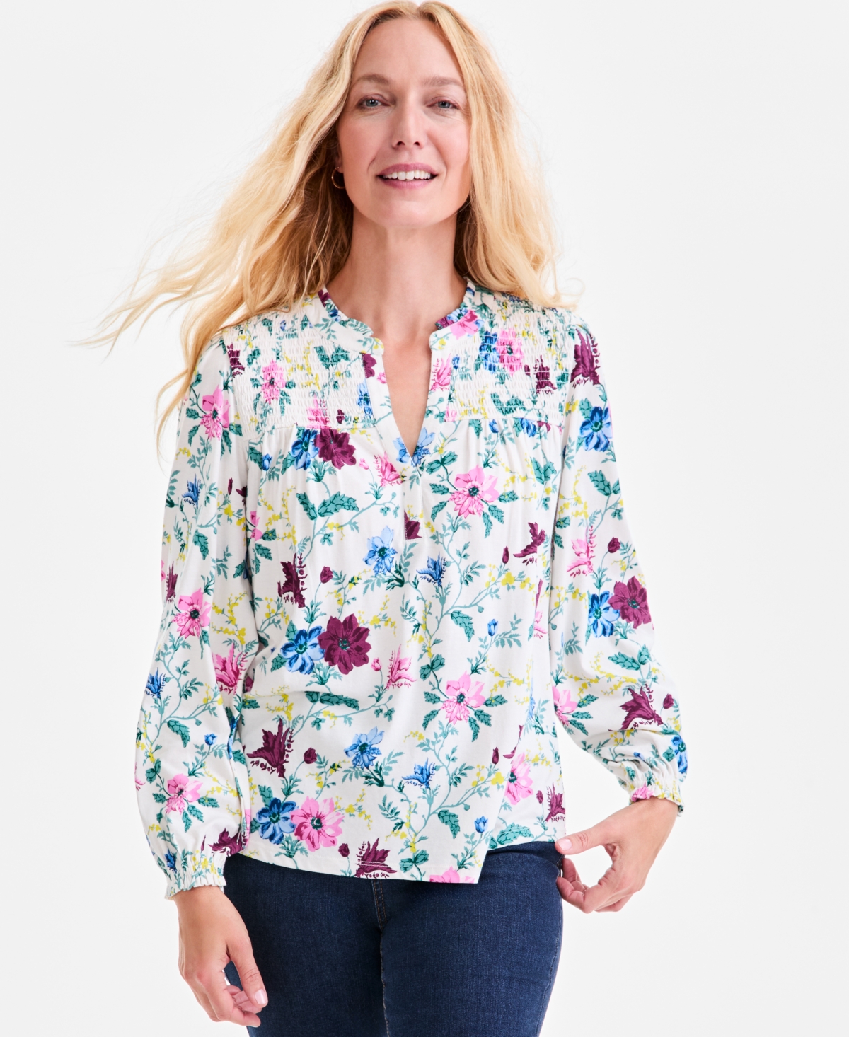Style & Co Women's Printed Ruffled Smocked-yoke Top, Macy's Exclusive In Multi