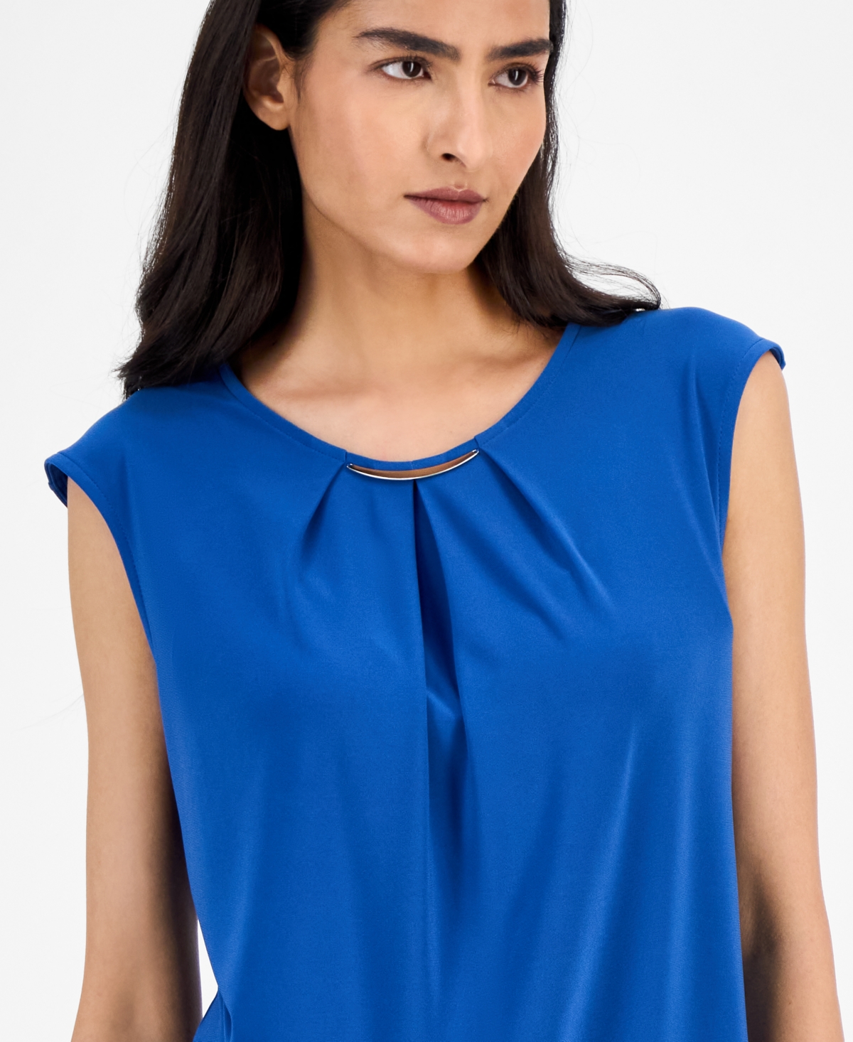 Kasper Pleated-neck Cap-sleeve Blouse, Regular & Petite In Blue