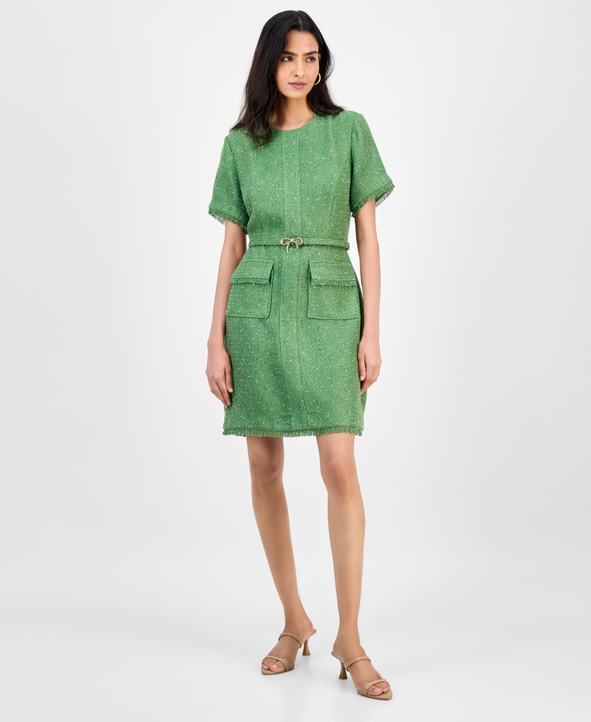Tahari Asl Fray Bouclé Dress In Green