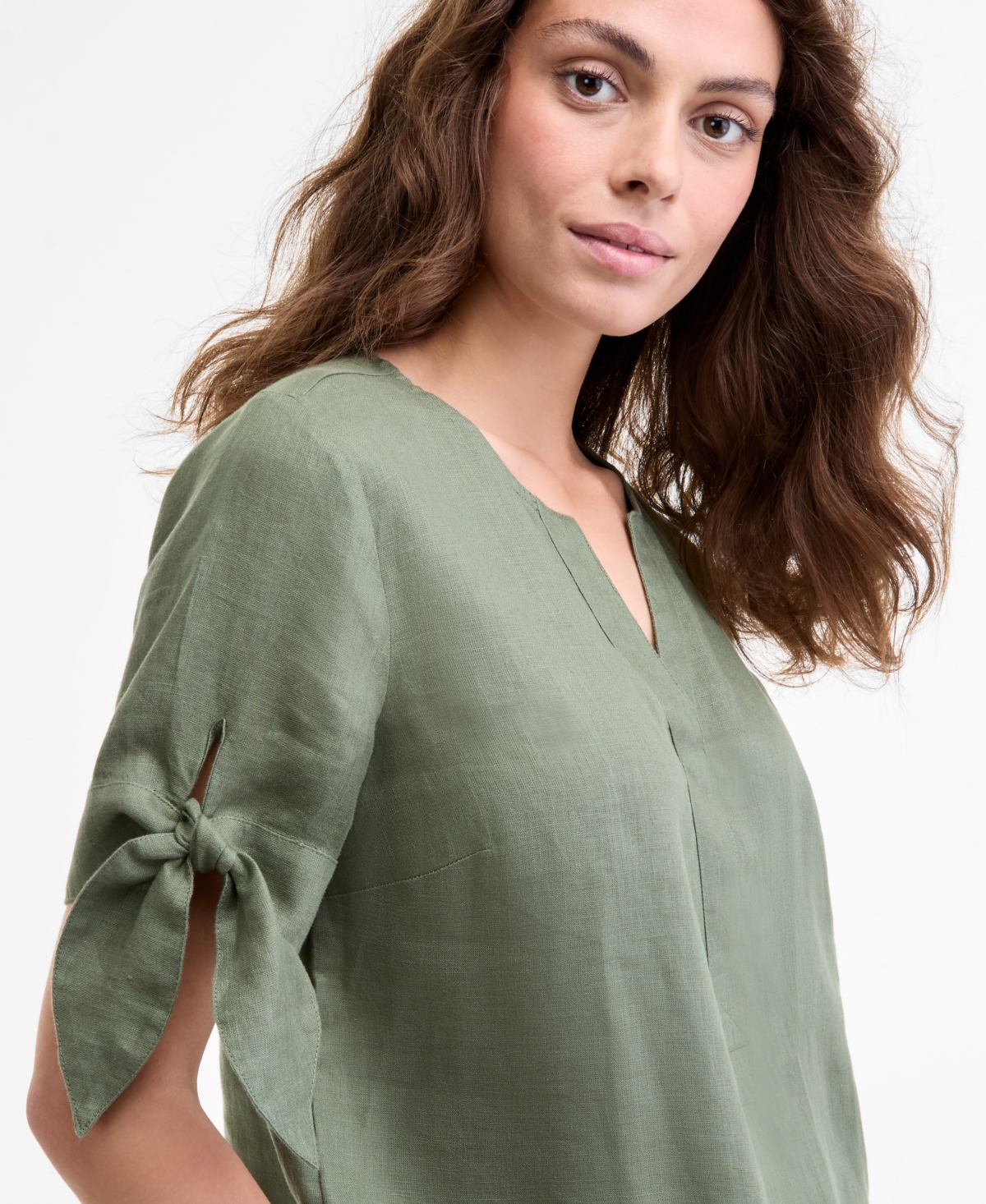 Charter Club Women's 100% Linen Split-Neck Tie-Cuff Top, Created for Macy's