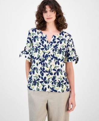 Women's 100% Linen Floral-Print Tie-Sleeve Top, Macy's Exclusive 