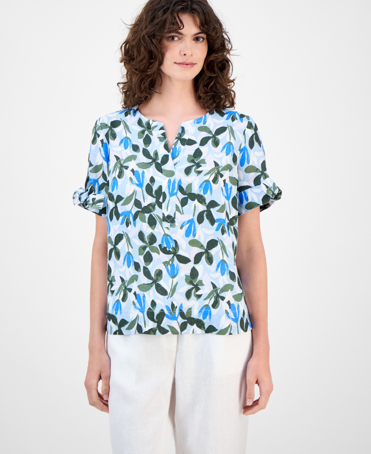 Women's 100% Linen Floral-Print Tie-Sleeve Top, Macy's Exclusive - Bright Whte Combo