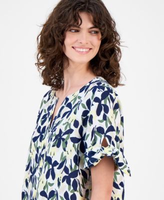 Women's 100% Linen Floral-Print Tie-Sleeve Top, Macy's Exclusive 