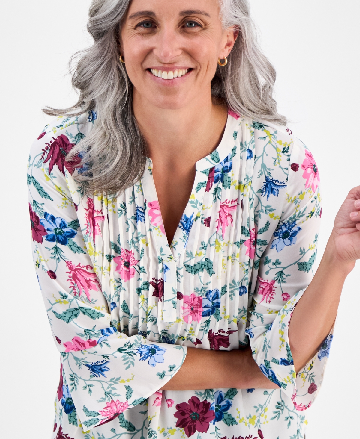 Style & Co Petite Chintz Floral Pintuck Top, Macy's Exclusive In Multi
