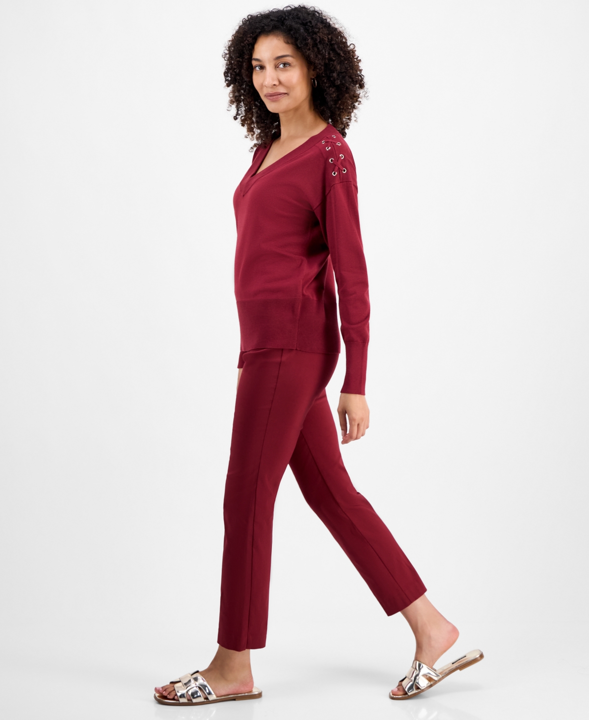 Jm Collection Petite Lace-up Shoulder V-neck Sweater, Macy's Exclusive