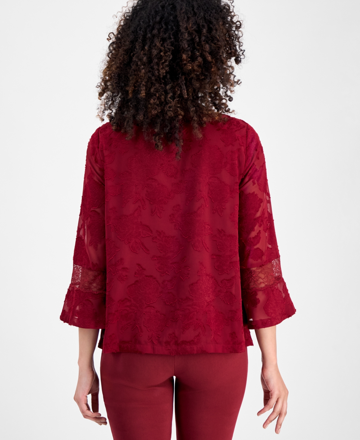 Jm Collection Petite Jacquard Lace-inset Blouse, Macy's Exclusive In Red