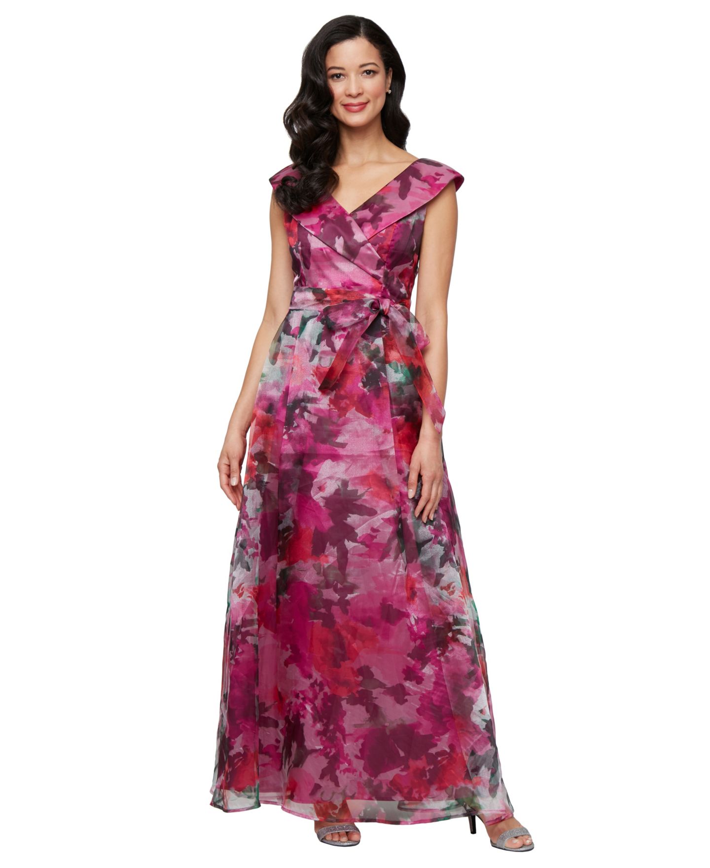 Женское платье Alex Evenings Printed V-Neck Long A-Line Gown, цвет: Фуксия разноцветный — фото 1