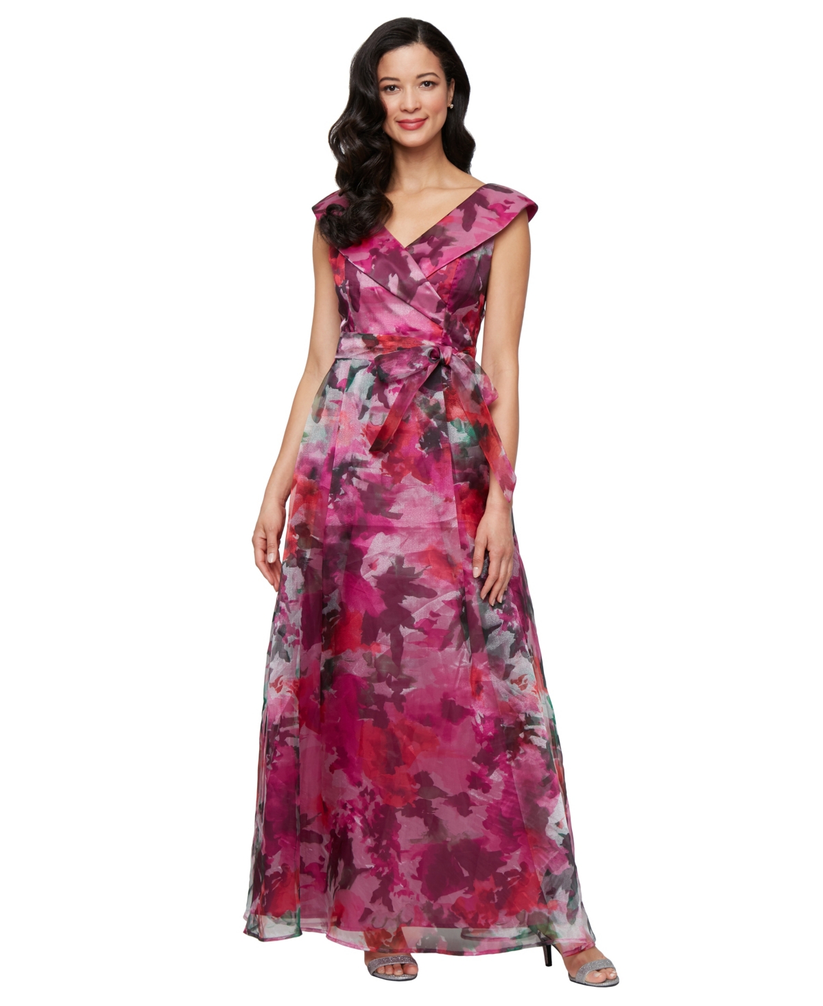 Printed V-Neck Long A-Line Gown - Fuchsia Multi