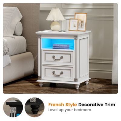 Nightstand with Charging Station, 3-Color LED Lights and 2 Drawers