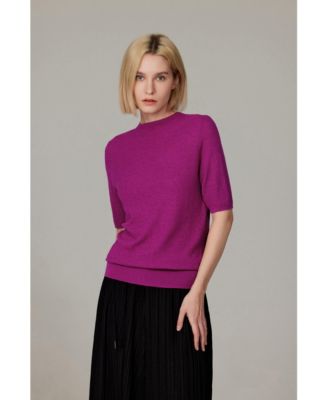 Women's Funnel Neck Short Sleeve Sweater | 75% Merino Wool 25% Silk Ultra Soft Fine-gauge Knit Top | Machine Washable