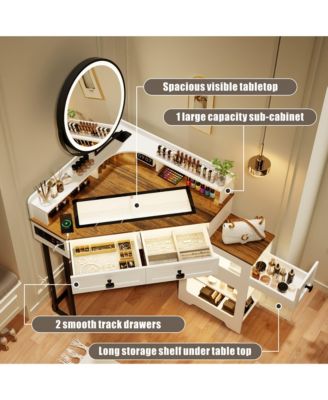 Farmhouse-style dressing table with mirror and lights, featuring a glass top.