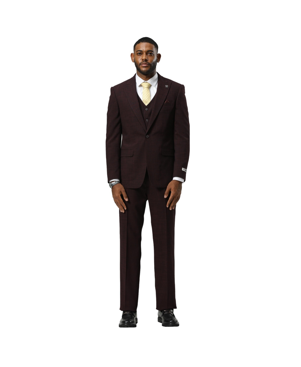 Men's 3-Piece Paisley Jacket With Solid Vest And Pants Suit Peak Lapel - Burgundy