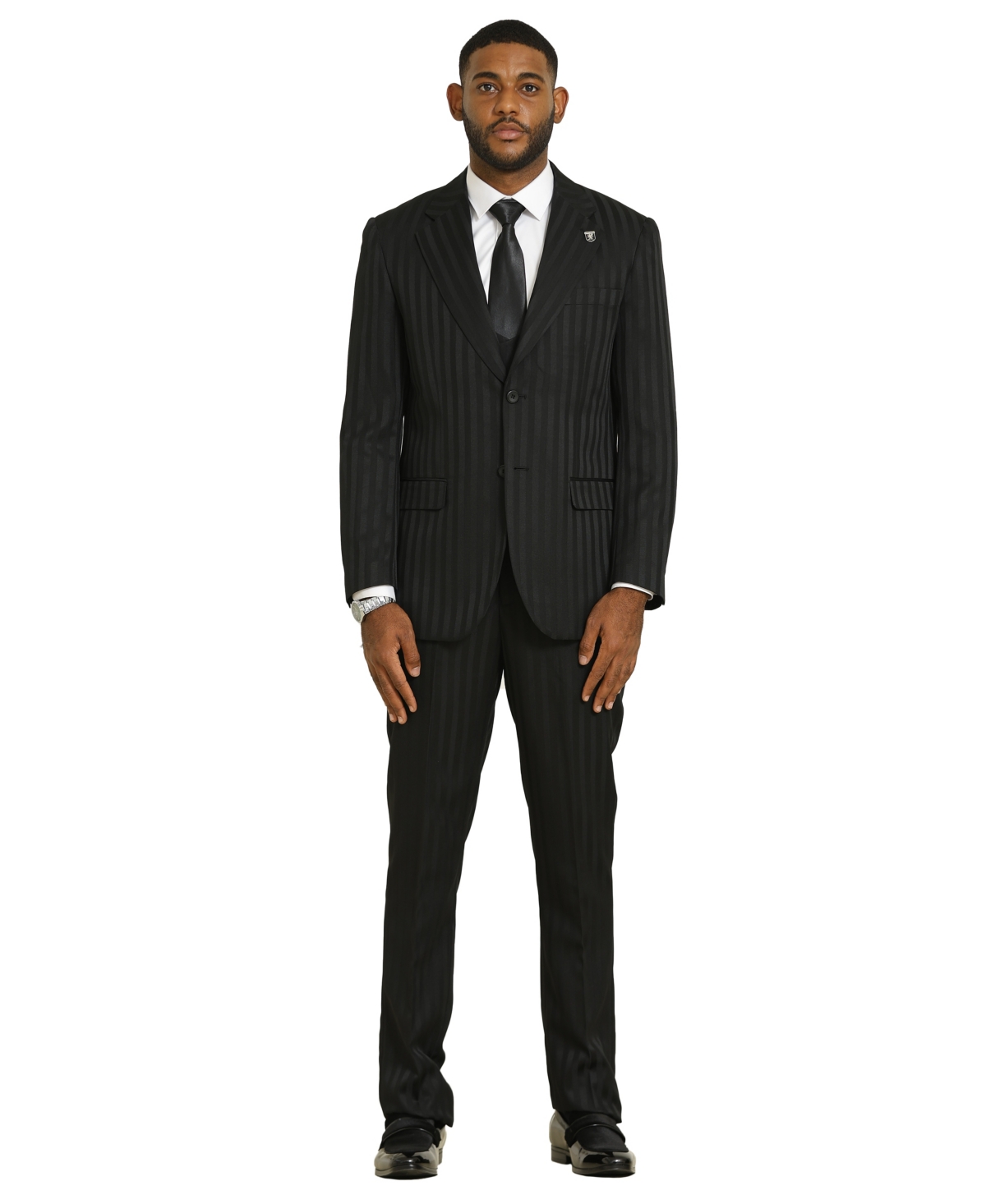 Men's Tone On Tone 3-Piece Jacket With Solid Vest And Pants Suit Peak Lapel - Black