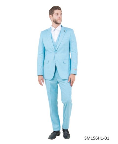 Мужской комплект Stacy Adams Solid Textured 3-Piece Jacket With Solid Vest And Pants Suit Notch Lapel, цвет: Аквамариновый
