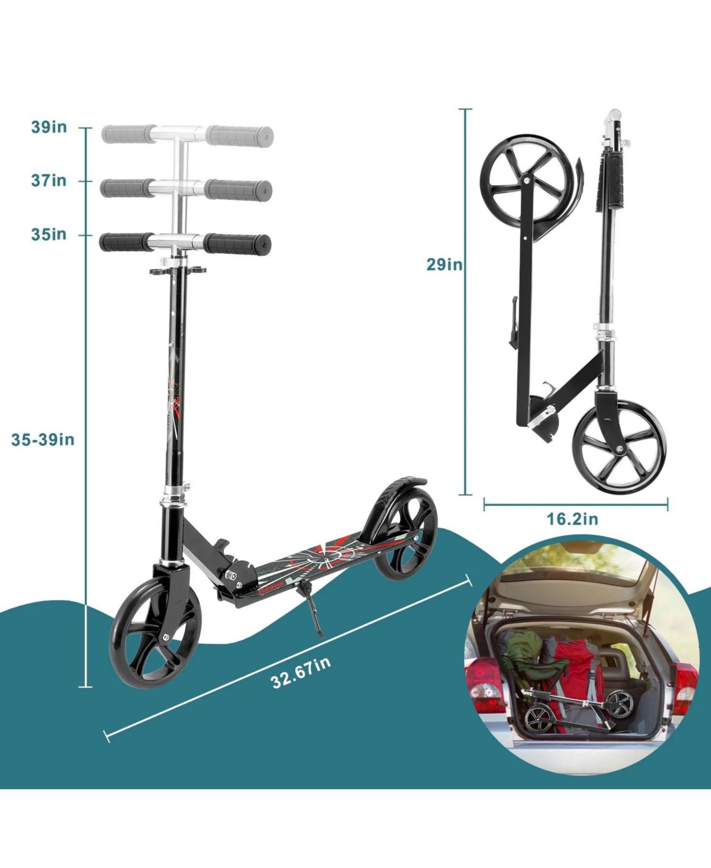 Детская игрушка SUGIFT Folding Kick Scooter with 3 Adjustable Heights for Teens & Adults, цвет: Чёрный — фото 2