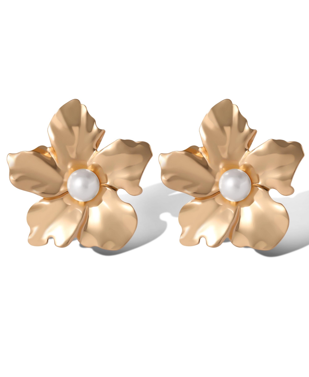 Statement Flower Earrings with Pearl Center in Gold-Tone - Gold