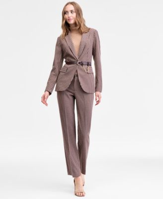 Single Button Blazer Turtleneck Sweater Houndstooth Print Pants
