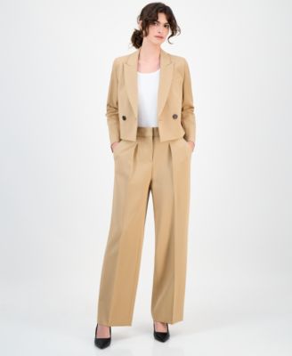 Anne Klein Womens Double Breasted Peak Lapel Ultra Fine Twill Cropped Jacket High Rise Pleated Wide Leg Ultra F In Brown