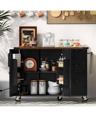 54.5" Rolling Kitchen Cart with Drop Leaf, Power Outlet, Spice Rack and Ample Storage