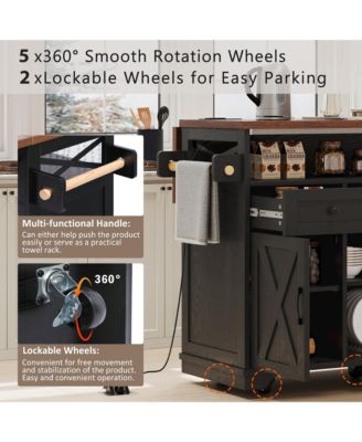 46.5" Rolling Kitchen Cart with Drop Leaf, Power Outlet, Beaded Trim, Ample Storage