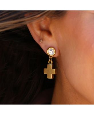 Cubic Zirconia Gold Plated Post With Cross Earrings
