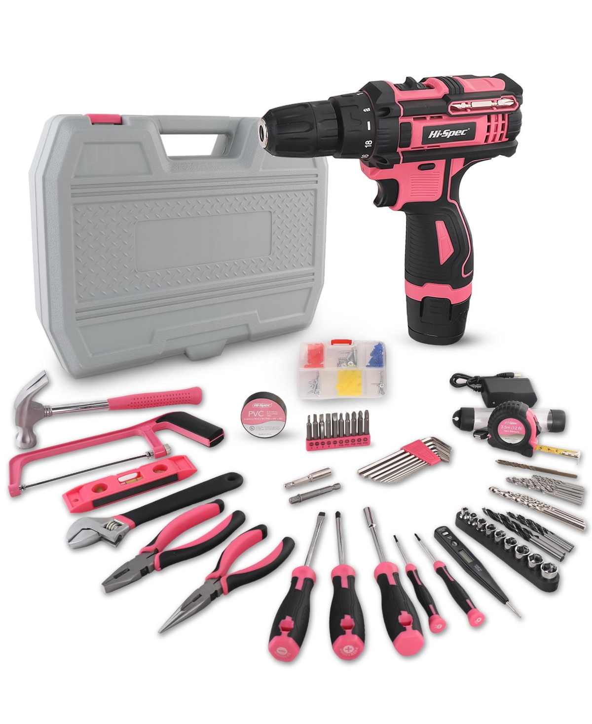 121-Piece Home Tool Set with 12V Cordless Drill &#x2013; Pink and Black Diy Kit with Storage Case - Pink