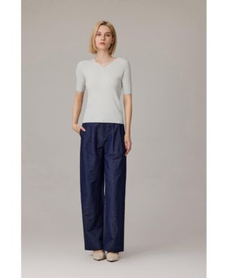 Women's Merino Wool Lurex Sweater | Shimmer Fine gauge V-Neck Short Sleeve Top | Machine Washable Pullover