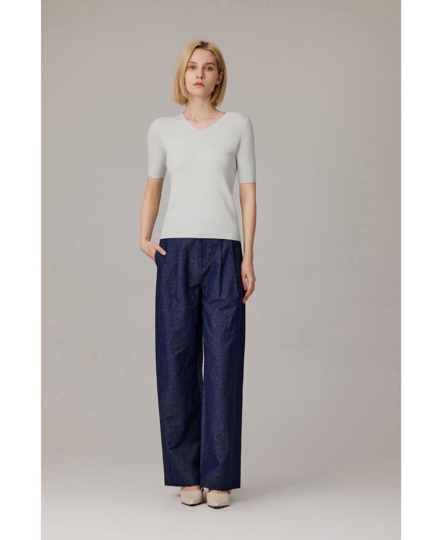 Women's Merino Wool Lurex Sweater | Shimmer Fine gauge V-Neck Short Sleeve Top | Machine Washable Pullover