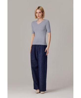 Women's Merino Wool Lurex Sweater | Shimmer Fine gauge V-Neck Short Sleeve Top | Machine Washable Pullover