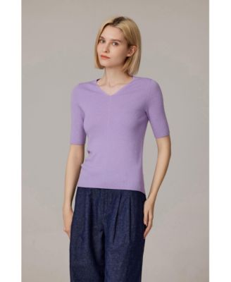 Women's Merino Wool Lurex Sweater | Shimmer Fine gauge V-Neck Short Sleeve Top | Machine Washable Pullover
