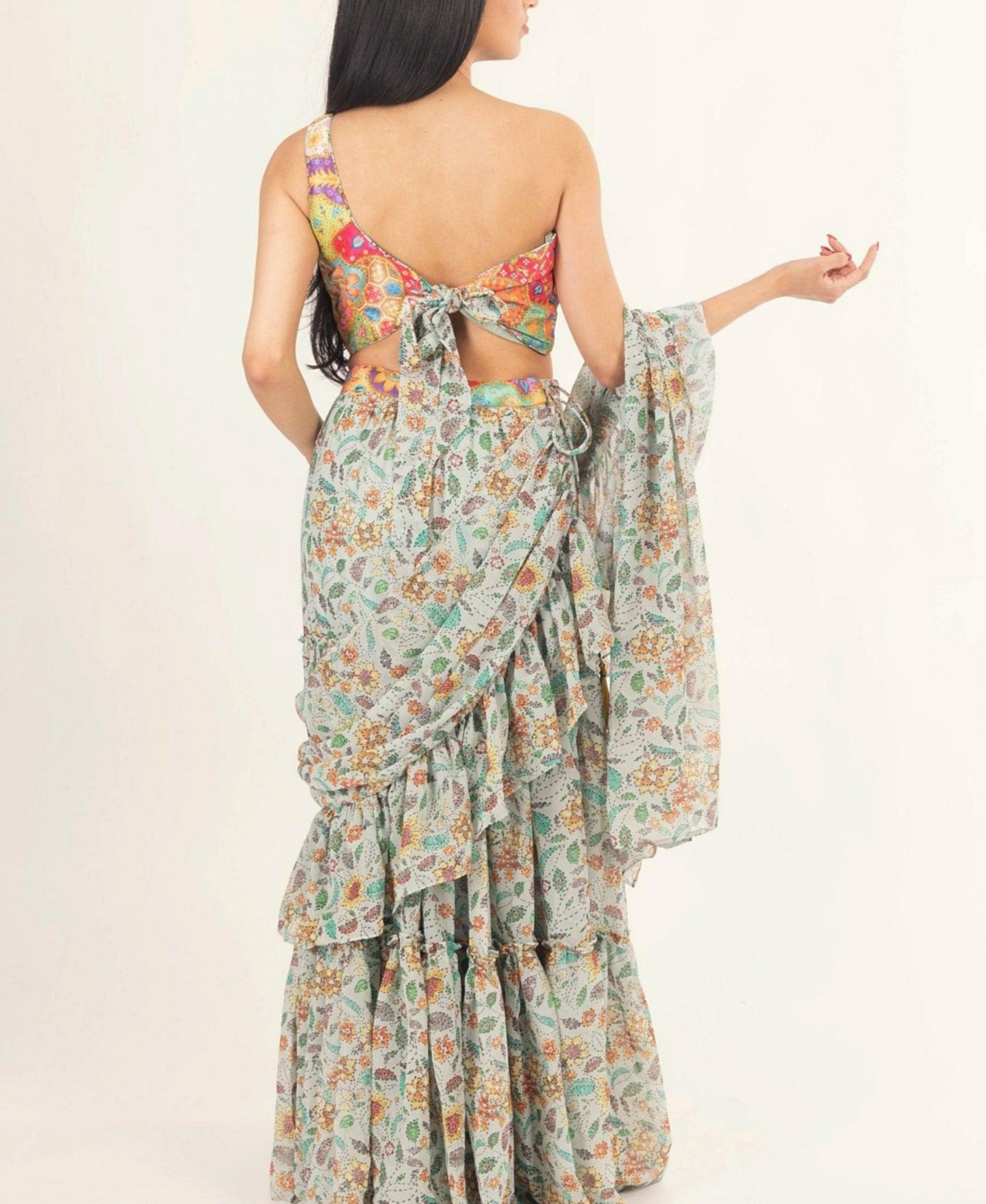 Женское платье RAAS One-Shoulder Floral Ruffle Saree, цвет: Светлый зелёный — фото 2