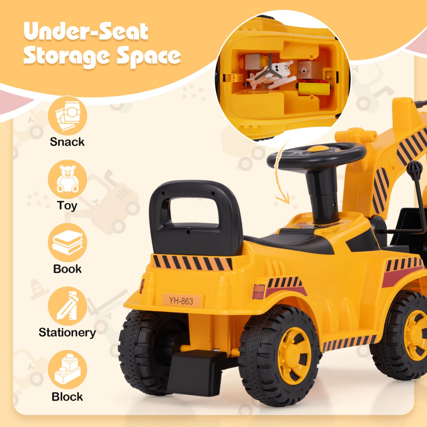 Детская игрушка Gymax Ride-On Excavator with Adjustable Shovel, Engine Sound & Anti-Tipping Base, 33 lbs Capacity, Ages 19-36 Months, цвет: Жёлтый — фото 7