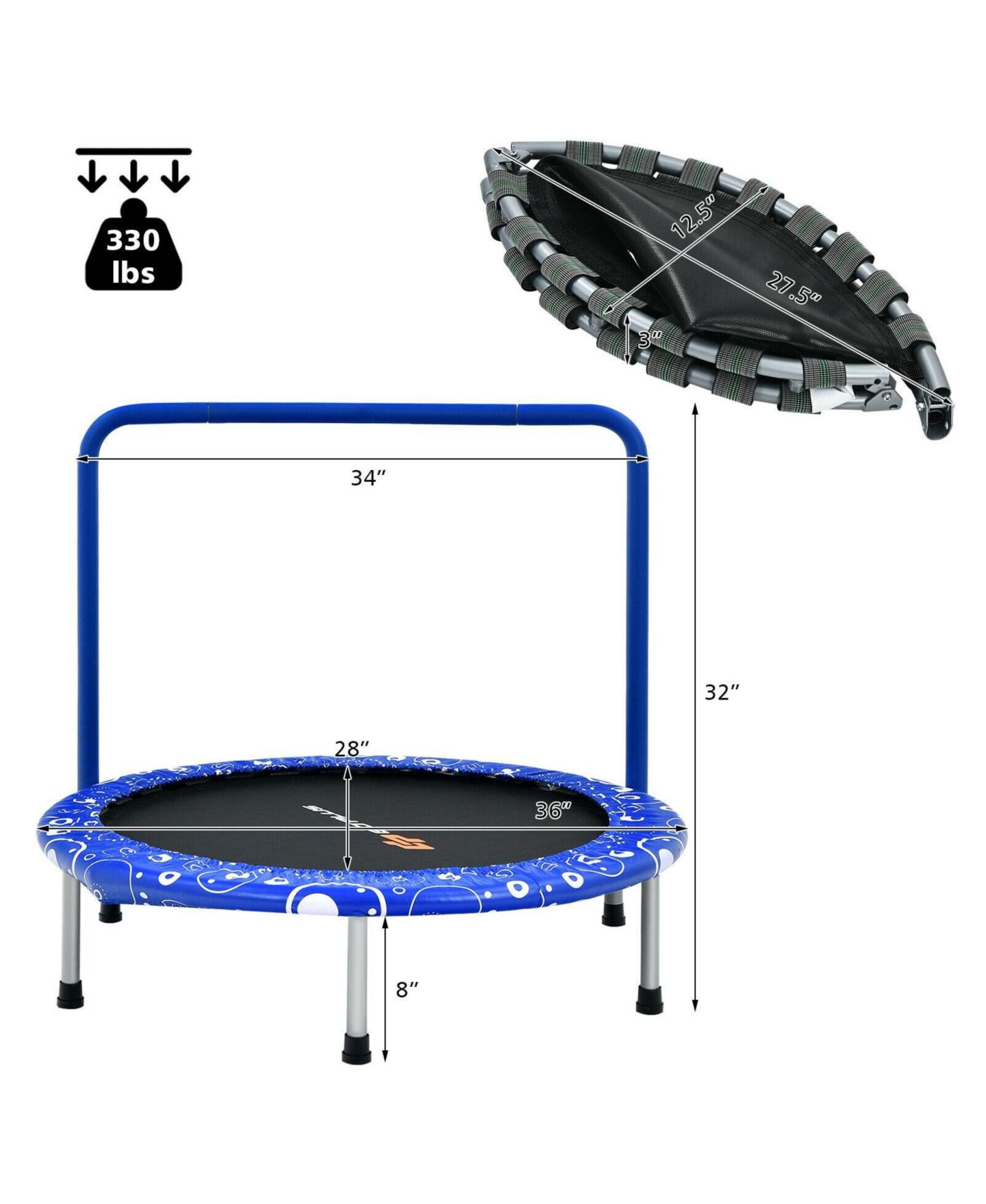 Детская игрушка Mecale 36" Mini Rebounder Foldable Trampoline with Removable Handle, 330 lbs Capacity, Ages 3-10, цвет: Синий — фото 4