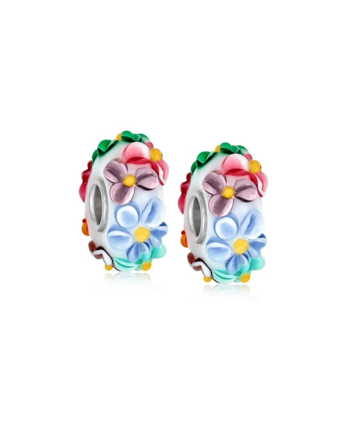 Set of 2 Murano Glass Charm Bead Multi-Color Flower Design Fits European Bracelet - Multicolor set
