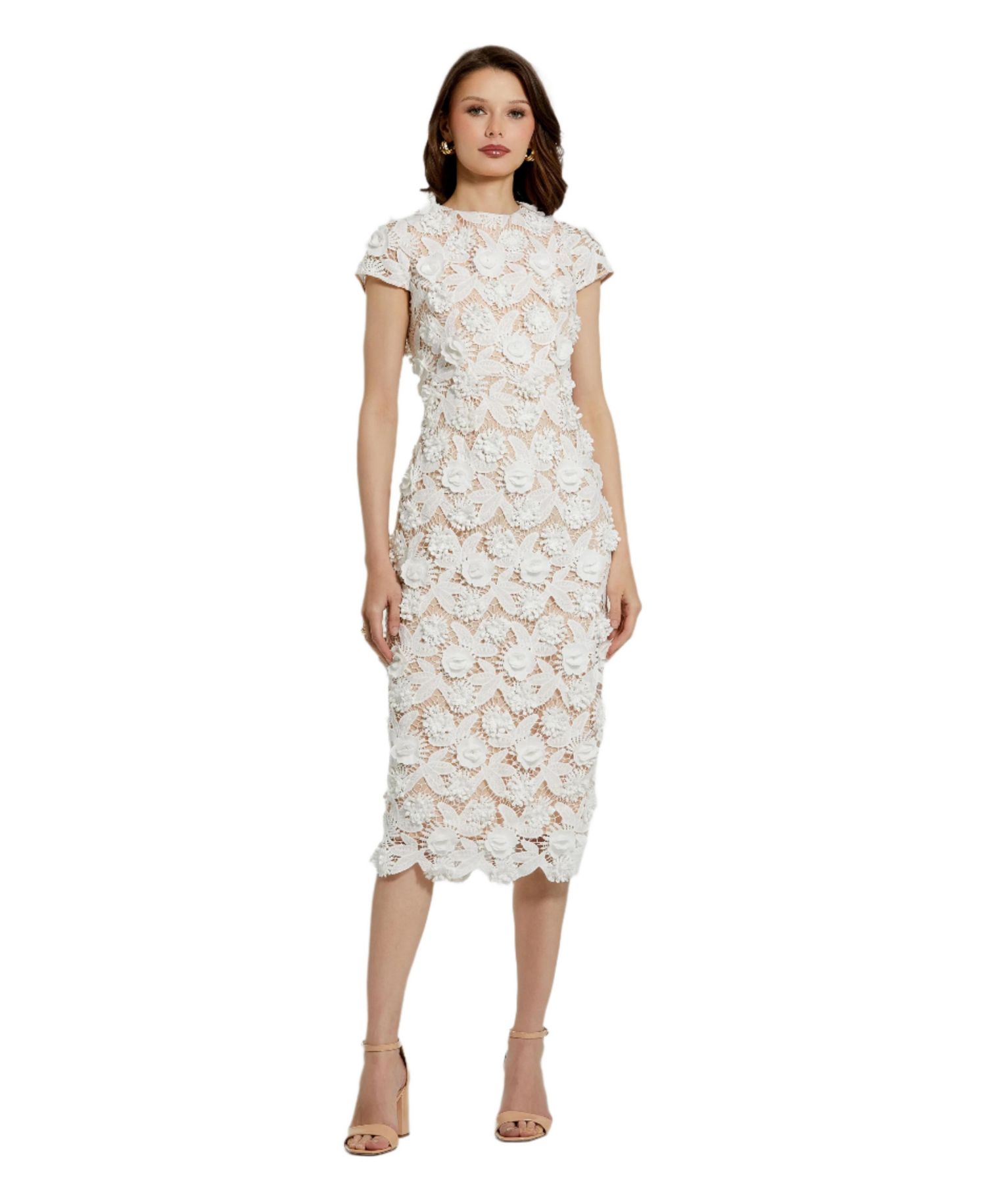 Women's Floral Lace Fitted Short Sleeve Midi Dress