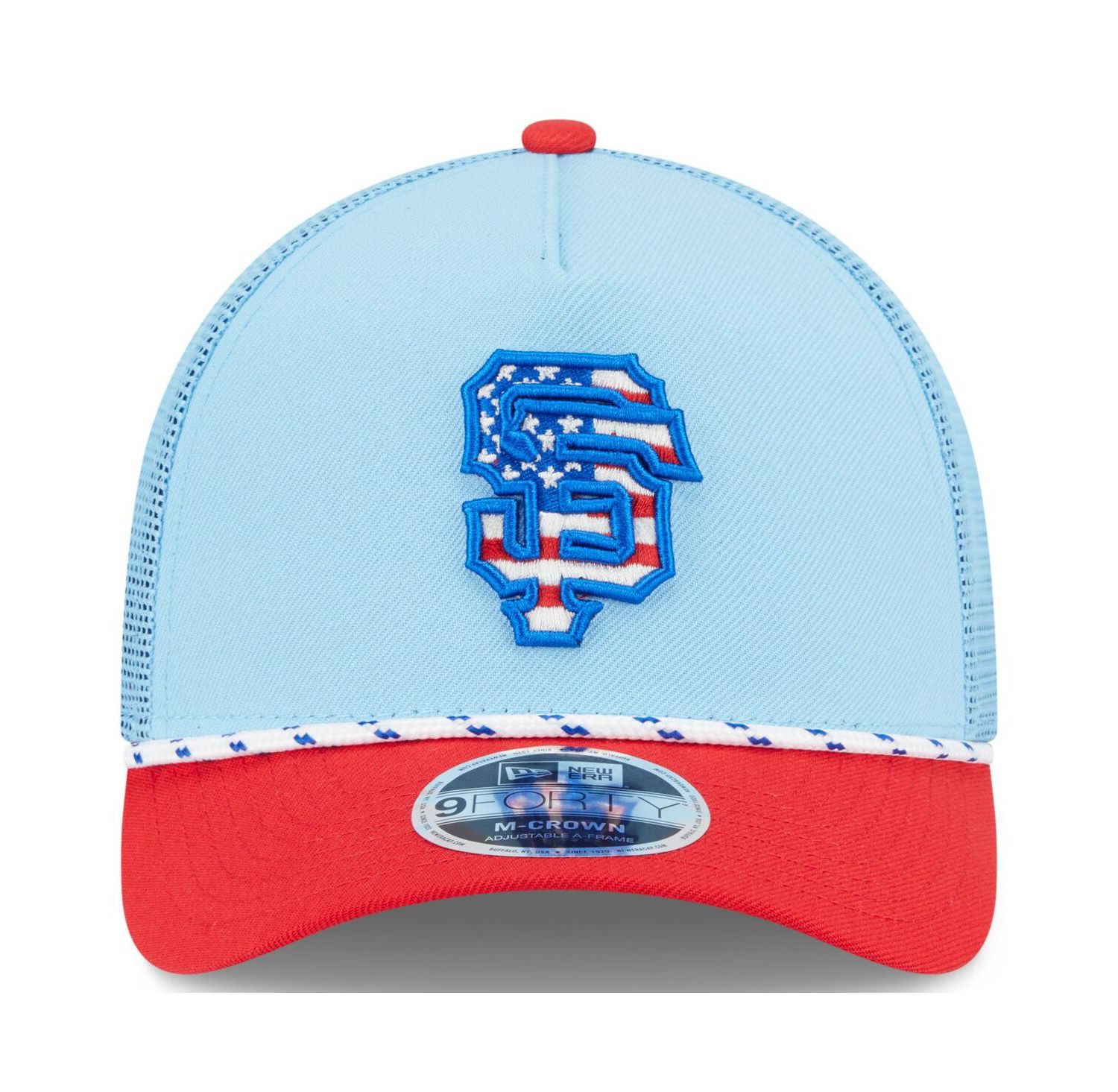 Men's Light Blue/Red San Francisco Giants 2025 Fourth of July 9FORTY A-Frame M-Crown Adjustable Trucker Hat