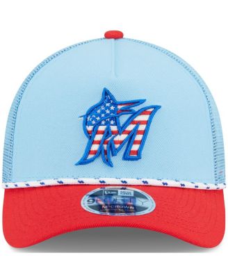 Men's Light Blue/Red Miami Marlins 2025 Fourth of July 9FORTY A-Frame M-Crown Adjustable Trucker Hat