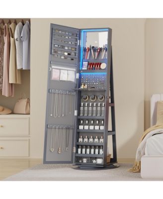 LED jewelry storage cabinet with back storage shelves and 360° rotation.