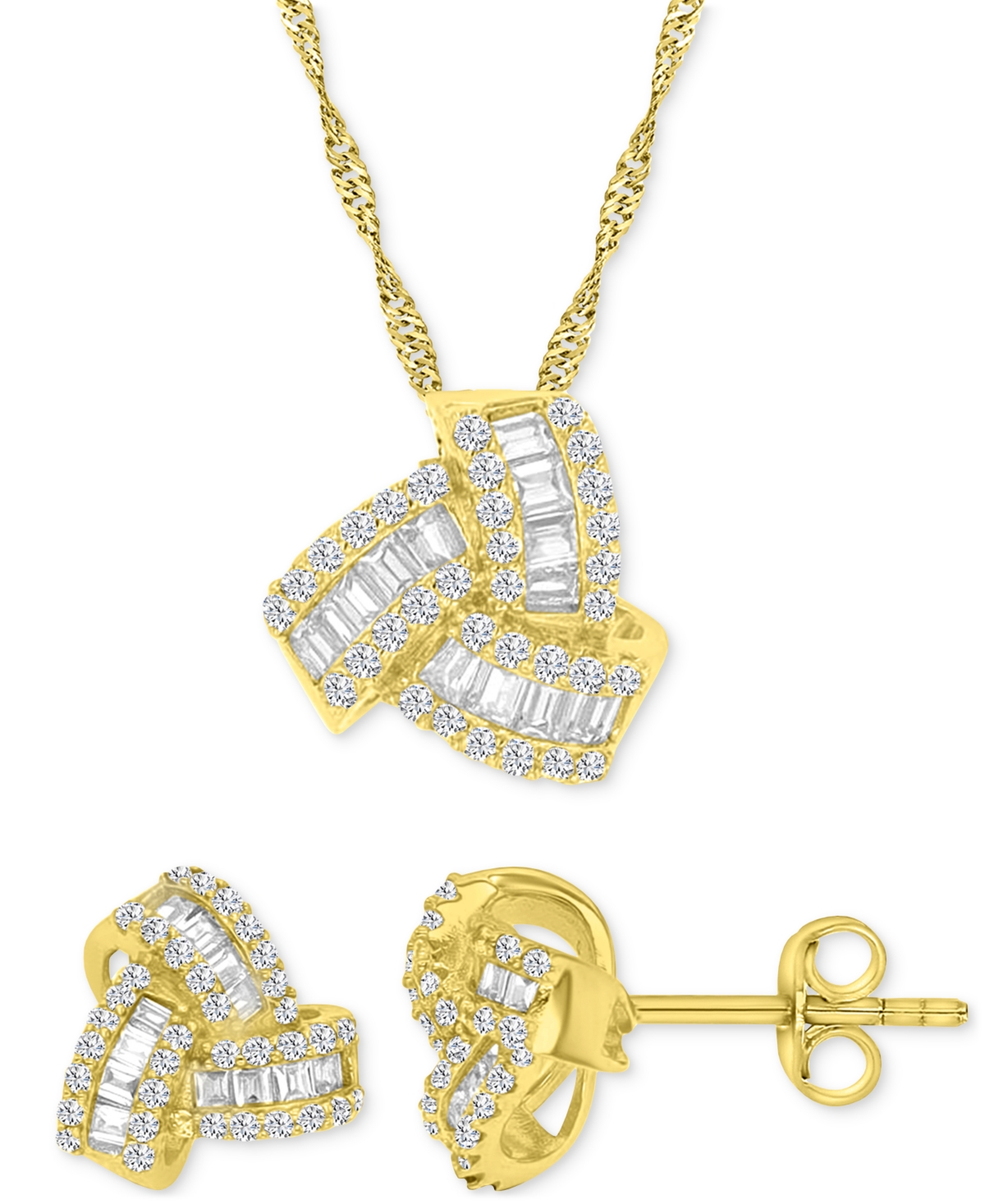 2-Pc. Set Cubic Zirconia Round & Baguette Love Knot Pendant Necklace & Coordinating Stud Earrings in 14k Gold-Plated Sterling Silver - Gold