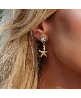 12k Gold Plated Cubic Zirconia Stud and Starfish Charm Earrings