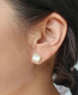 Gold Cushion-Shaped Mother of Pearl Halo Stud Earrings