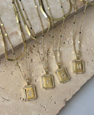 Gold Pave Tag Pendant and Herringbone Chain Initial Necklace Set