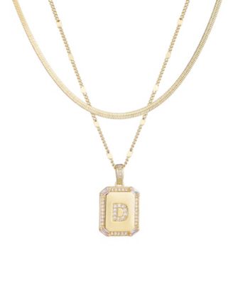 Gold Pave Tag Pendant and Herringbone Chain Initial Necklace Set
